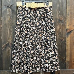 Modern Attraction Belted Midi Dress S Floral Boho Flowy Ruffle Black Cottagecore